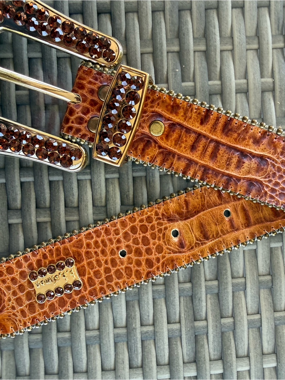 B. B. Simon Brown Embossed Leather Belt with Amber Crystal Buckle